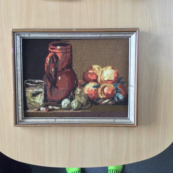 Beautiful handmade needlework yarn art wall hanging framed still life fruits mug - Picture 2 of 7